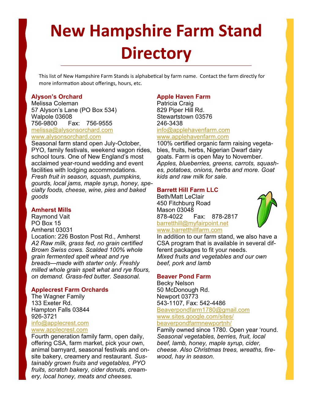 New Hampshire Farm Stand Directory