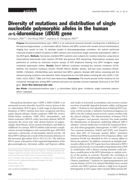 Diversity of Mutations and Distribution of Single Nucleotide Polymorphic Alleles in the Human -L-Iduronidase (IDUA) Gene