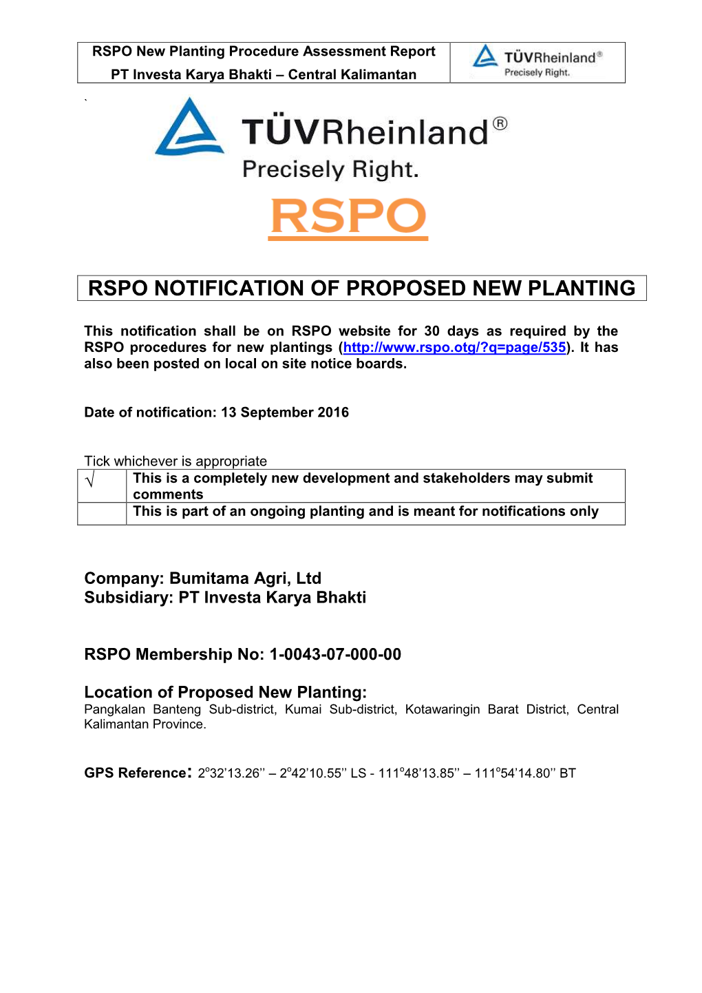 Rspo Notification of Proposed New Planting