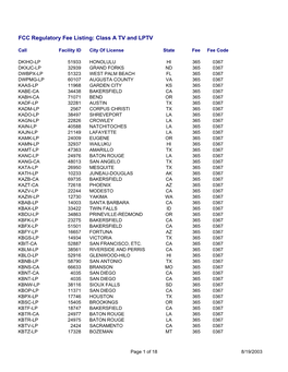 FCC Regulatory Fee Listing: Class a TV and LPTV