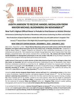 Judith Jamison to Receive Handel Medallion from Mayor Michael Bloomberg on November 8Th