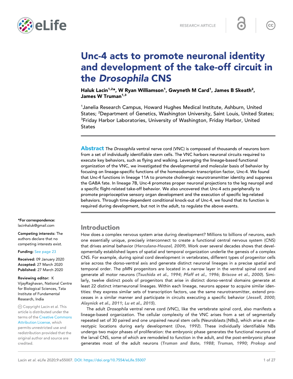 Unc-4 Acts to Promote Neuronal Identity and Development of The