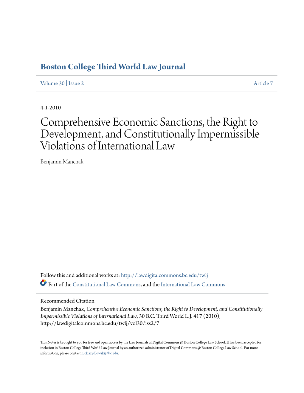 Comprehensive Economic Sanctions, the Right to Development, and Constitutionally Impermissible Violations of International Law Benjamin Manchak