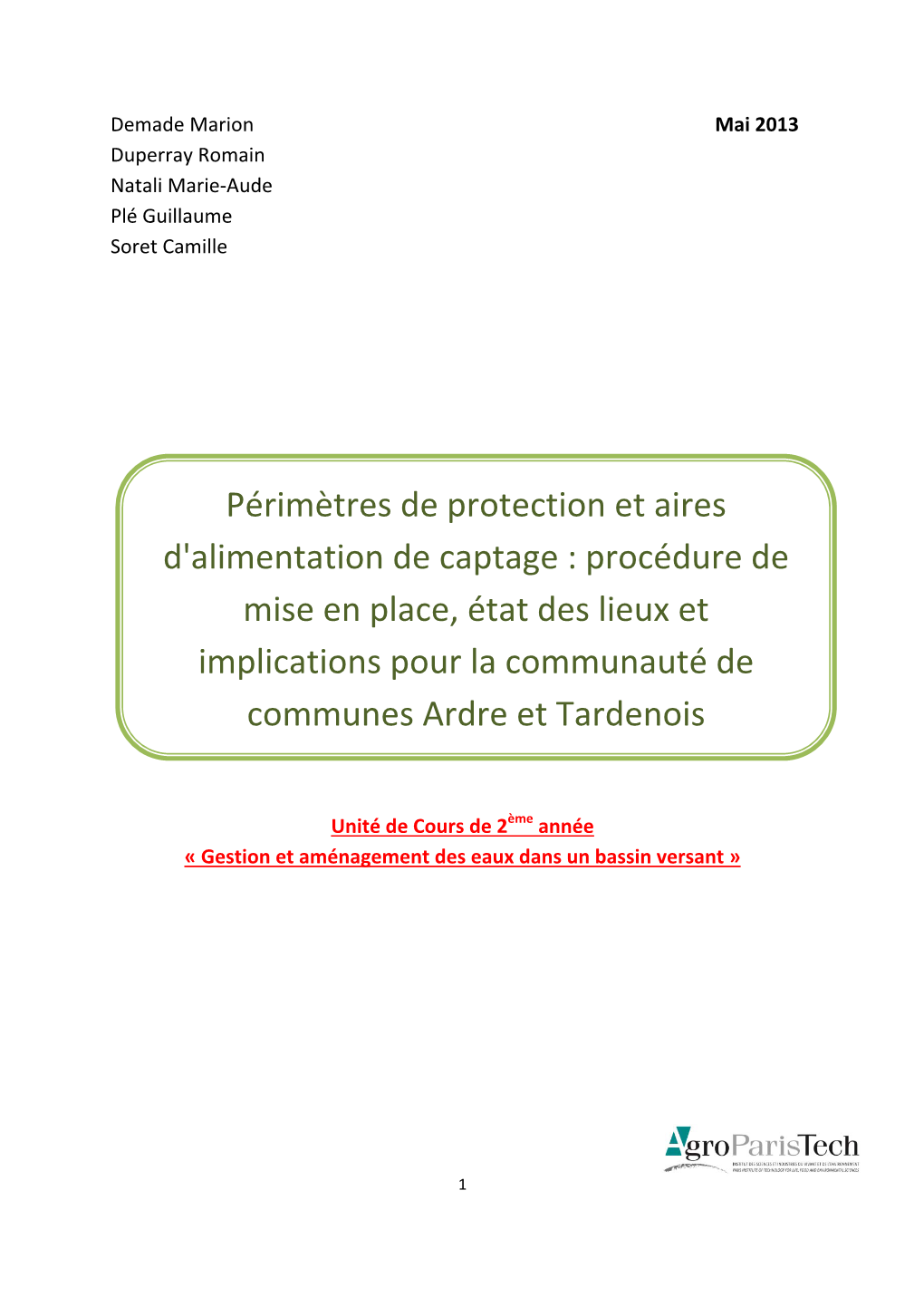 Périmètres De Protection Et Aires D'alimentation De Captage : Procédure De