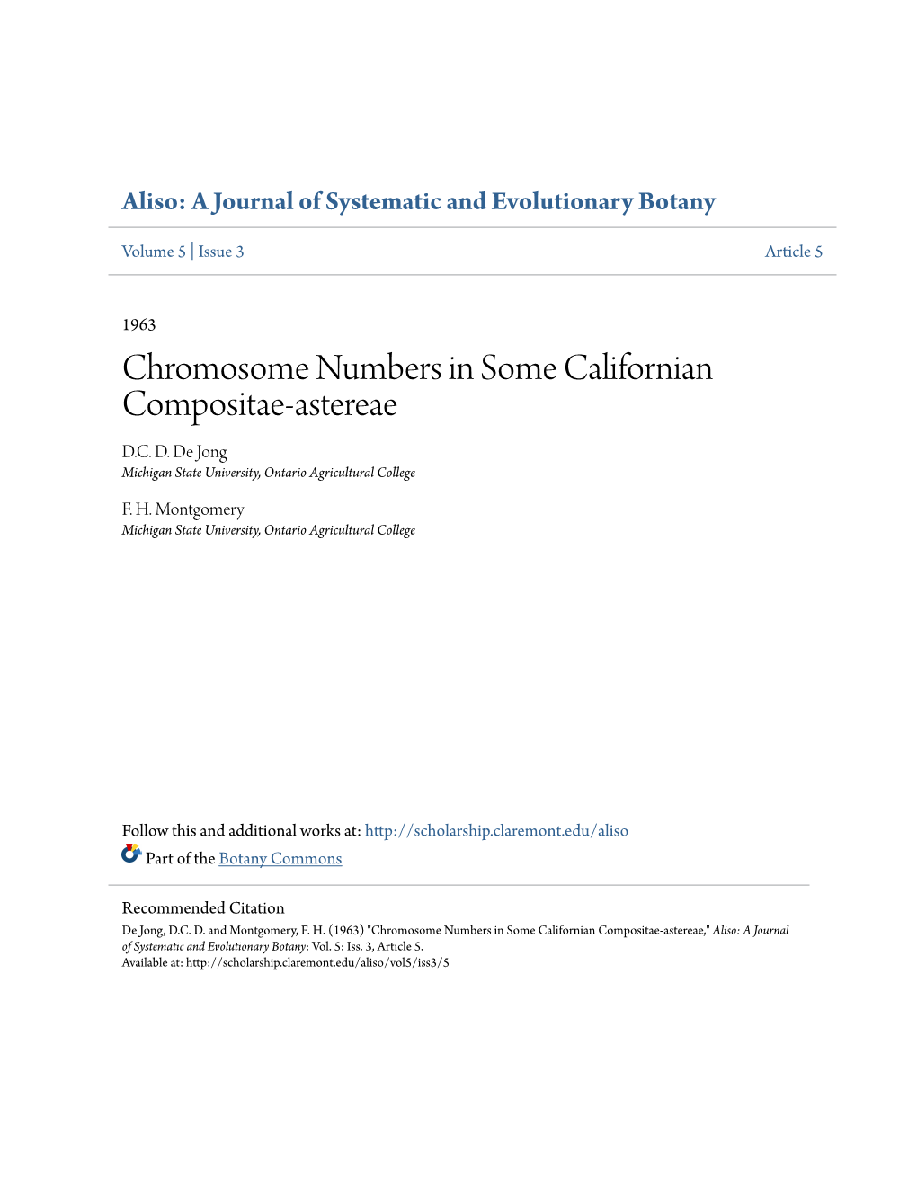 Chromosome Numbers in Some Californian Compositae-Astereae D.C