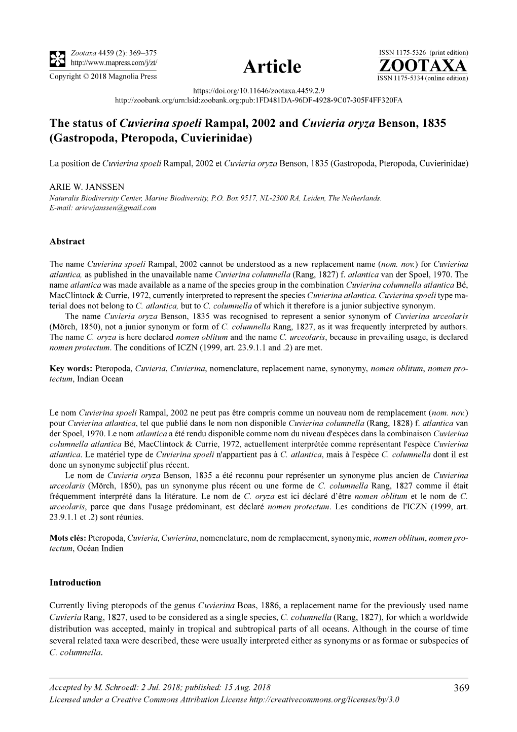 The Status of Cuvierina Spoeli Rampal, 2002 and Cuvieria Oryza Benson, 1835 (Gastropoda, Pteropoda, Cuvierinidae)