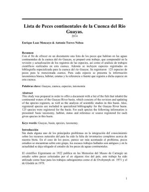 Lista De Peces Continentales De La Cuenca Del Río Guayas. 2014