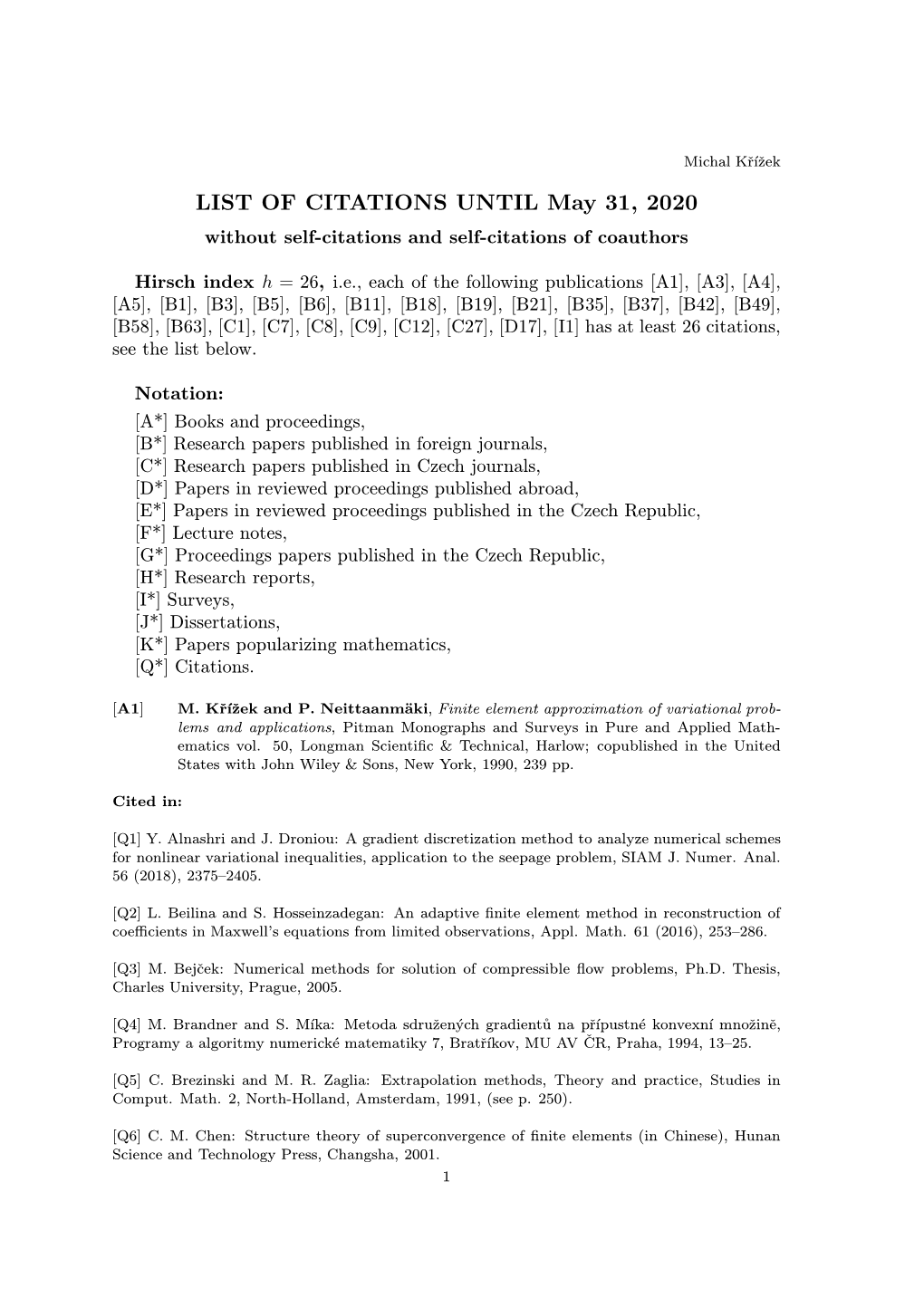 LIST of CITATIONS UNTIL May 31, 2020 Without Self-Citations and Self-Citations of Coauthors