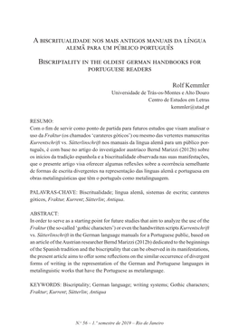 A Biscritualidade Nos Mais Antigos Manuais Da Língua Alemã Para Um Público Português Biscriptality in the Oldest German Handbooks for Portuguese Readers