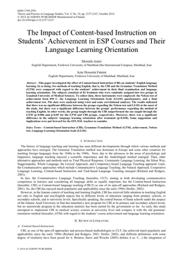The Impact of Content-Based Instruction on Students’ Achievement in ESP Courses and Their Language Learning Orientation