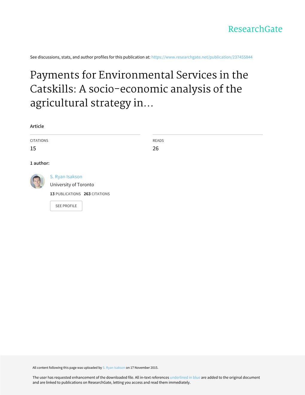 Payments for Environmental Services in the Catskills: a Socio-Economic Analysis of the Agricultural Strategy In