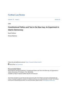 Constitutional Politics and Text in the New Iraq: an Experiment in Islamic Democracy
