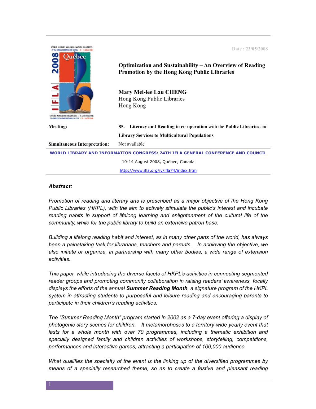 Optimization and Sustainability – an Overview of Reading Promotion by the Hong Kong Public Libraries
