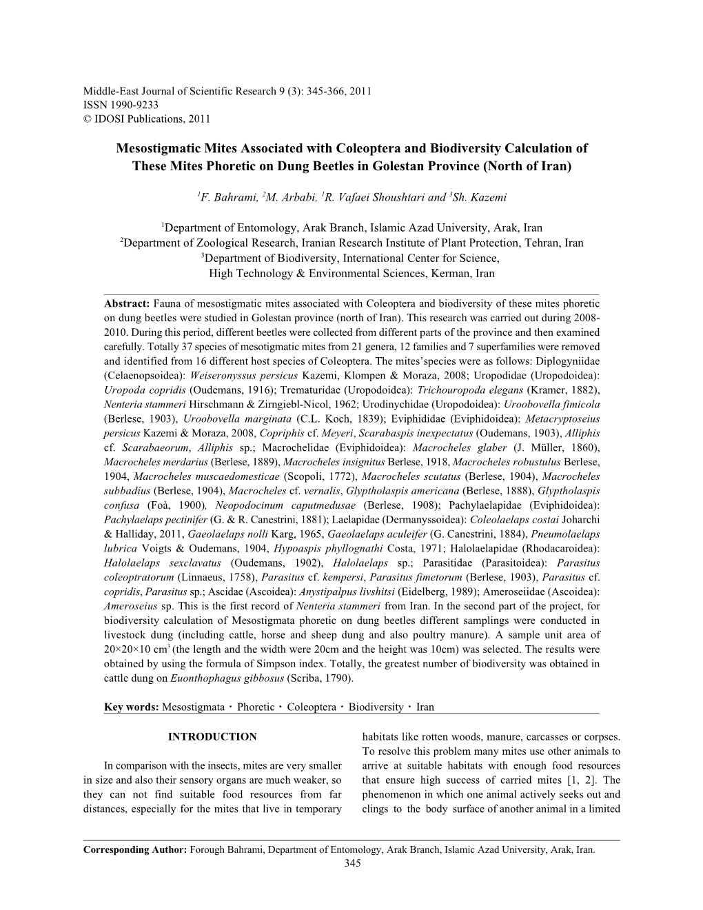 Mesostigmatic Mites Associated with Coleoptera and Biodiversity Calculation of These Mites Phoretic on Dung Beetles in Golestan Province (North of Iran)