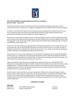 PGA TOUR STATEMENT Regarding Additional Tournament Cancellations March 17, 2020 – 5:30 P.M