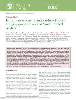 Direct Fitness Benefits and Kinship of Social Foraging Groups in an Old World Tropical Babbler