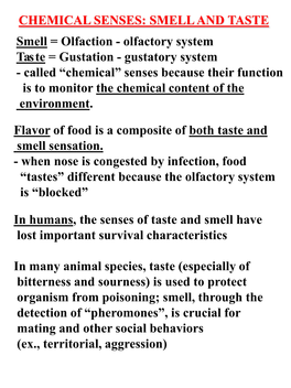 CHEMICAL SENSES: SMELL and TASTE Smell = Olfaction