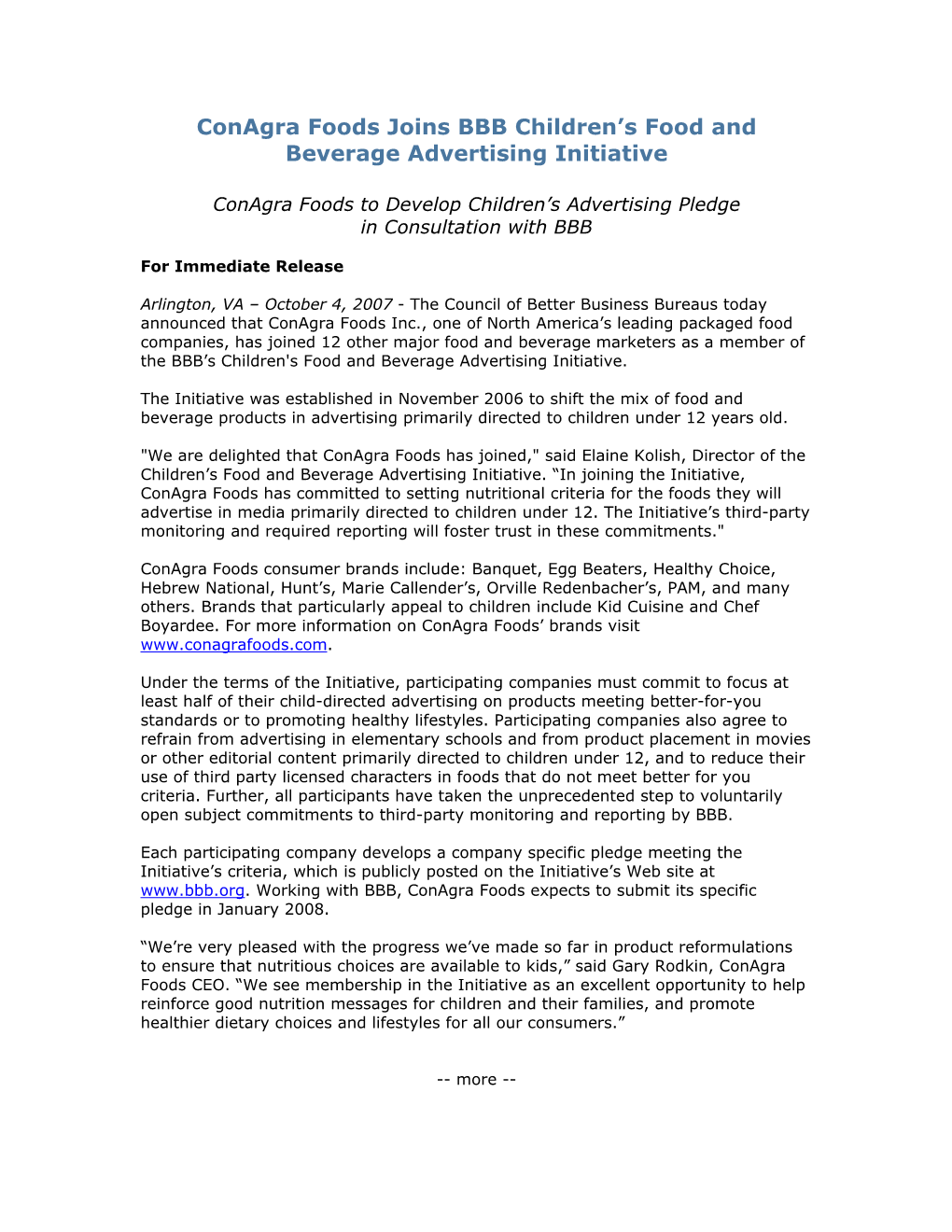 Conagra Foods Joins BBB Children's Food and Beverage Advertising