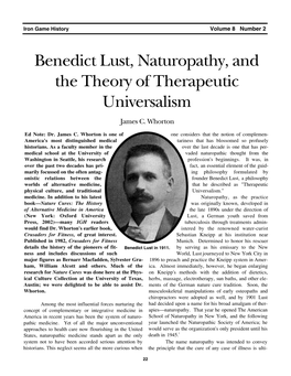 Benedict Lust, Naturopathy, and the Theory of Therapeutic Universalism James C