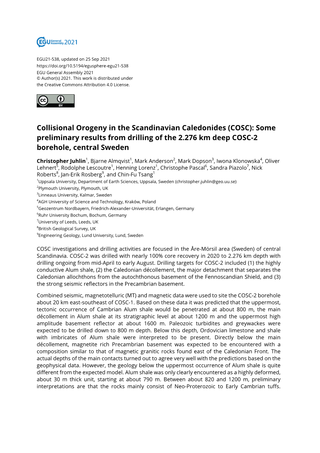 Collisional Orogeny in the Scandinavian Caledonides (COSC): Some Preliminary Results from Drilling of the 2.276 Km Deep COSC-2 Borehole, Central Sweden