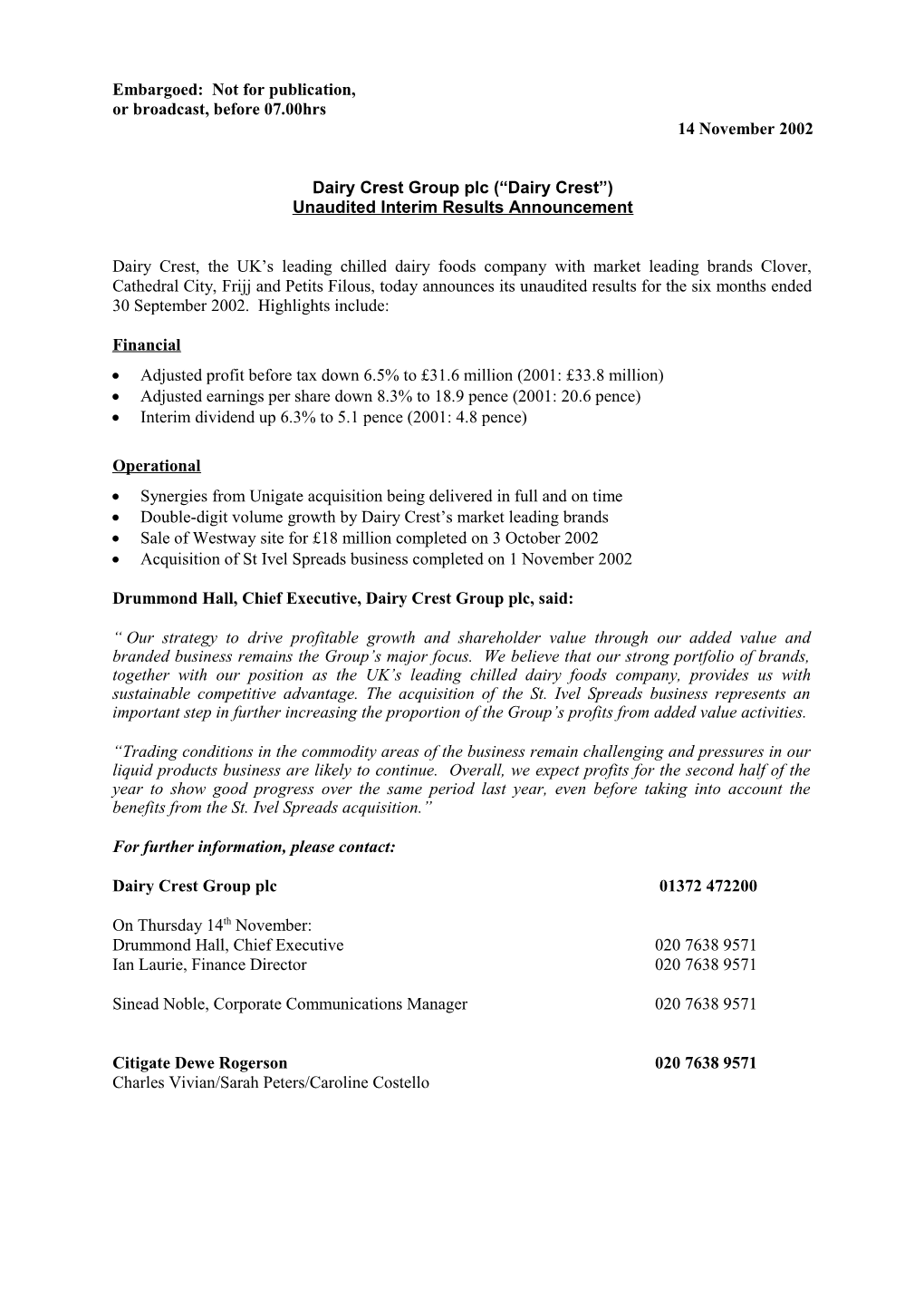 Dairy Crest Interim Report 2001