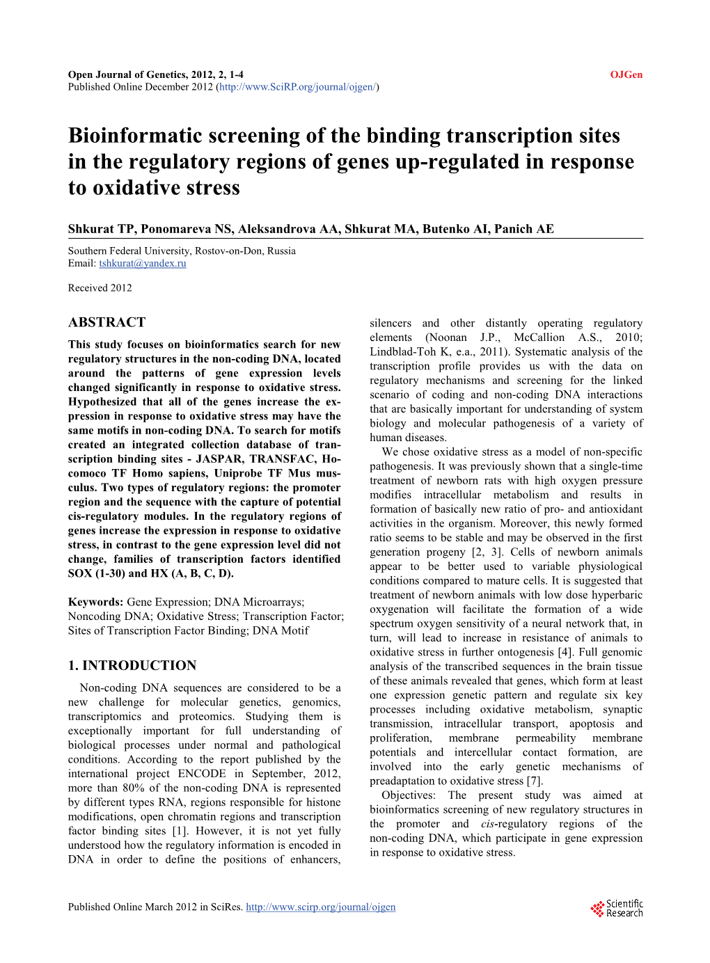 Bioinformatic Screening of the Binding Transcription Sites in the Regulatory Regions of Genes Up-Regulated in Response to Oxidative Stress