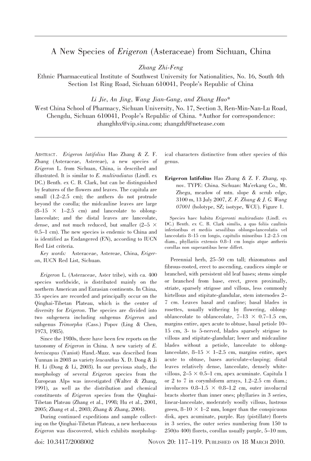 A New Species of Erigeron (Asteraceae) from Sichuan, China