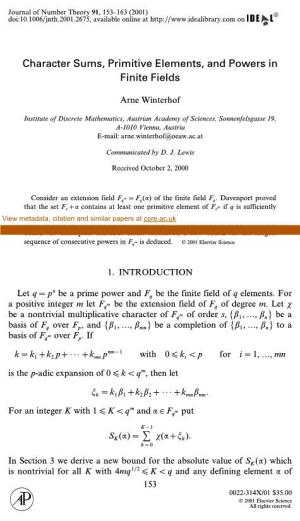 Character Sums, Primitive Elements, and Powers in Finite Fields