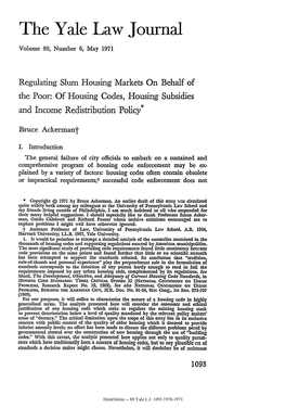 Regulating Slum Housing Markets on Behalf of the Poor: of Housing Codes, Housing Subsidies and Income Redistribution Policy*