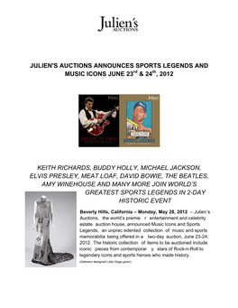 JULIEN's AUCTIONS ANNOUNCES SPORTS LEGENDS and MUSIC ICONS JUNE 23Rd & 24Th, 2012