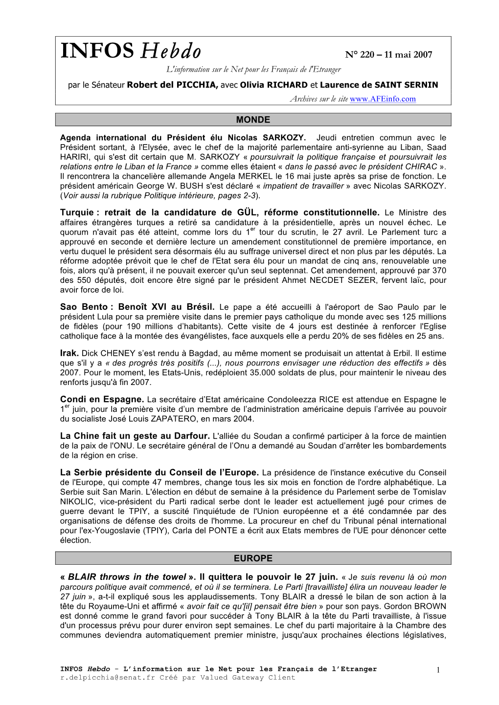 INFOS Hebdo N° 220 – 11 Mai 2007 L'information Sur Le Net Pour Les Français De L'etranger