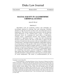 Racial Equity in Algorithmic Criminal Justice