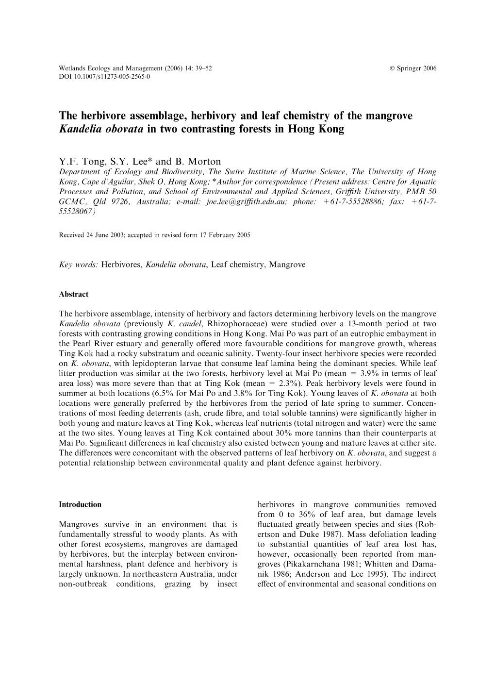 The Herbivore Assemblage, Herbivory and Leaf Chemistry of the Mangrove Kandelia Obovata in Two Contrasting Forests in Hong Kong