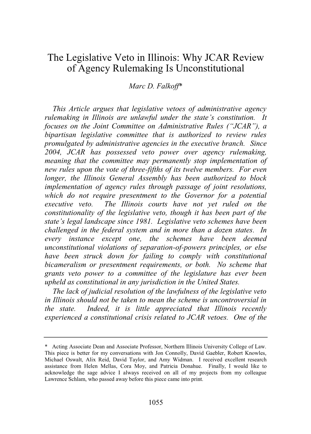 The Legislative Veto in Illinois: Why JCAR Review of Agency Rulemaking Is Unconstitutional