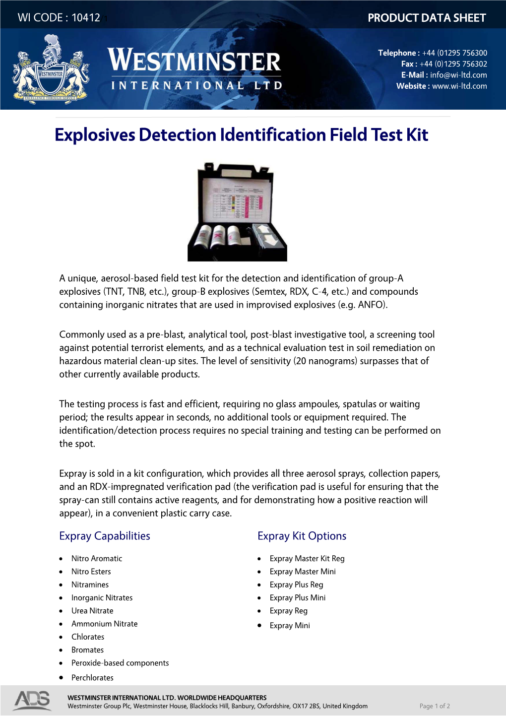 Explosives Detection Identification Field Test Kit