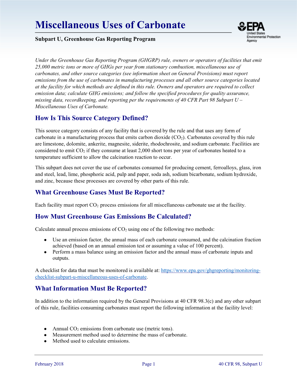 Miscellaneous Uses of Carbonate Subpart U, Greenhouse Gas Reporting Program