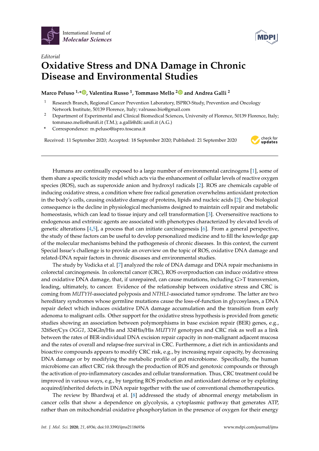 Oxidative Stress and DNA Damage in Chronic Disease and Environmental Studies