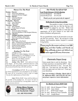 Masses for the Week Our Weekly Sacrificial Gift Charismatic Prayer