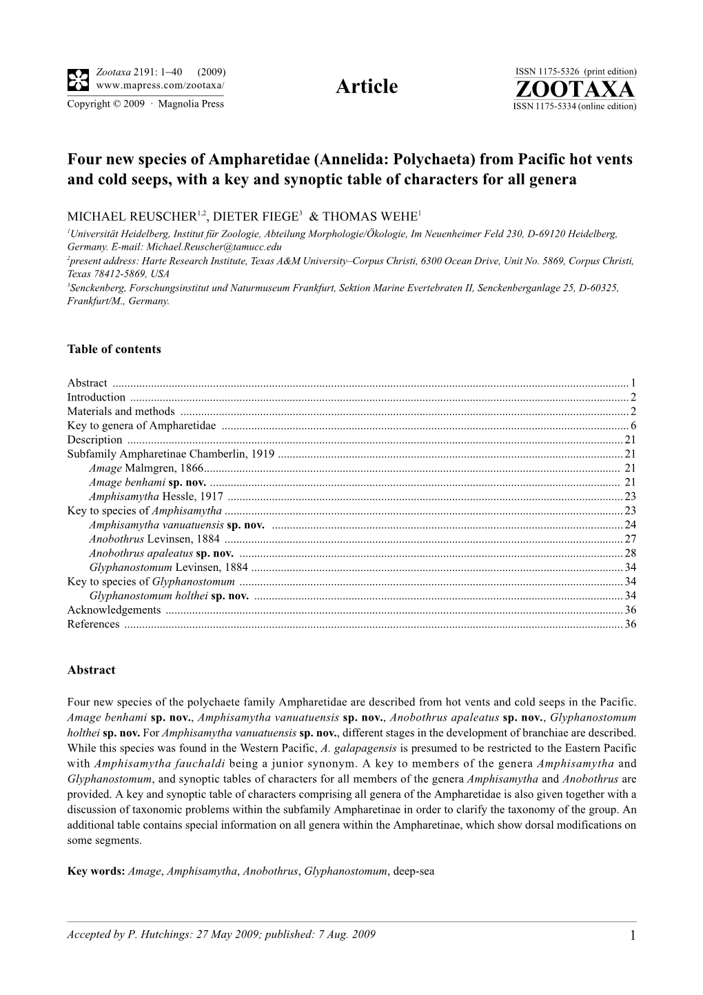 Zootaxa, Four New Species of Ampharetidae (Annelida: Polychaeta)