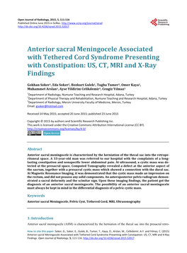Anterior Sacral Meningocele Associated with Tethered Cord Syndrome Presenting with Constipation: US, CT, MRI and X-Ray Findings