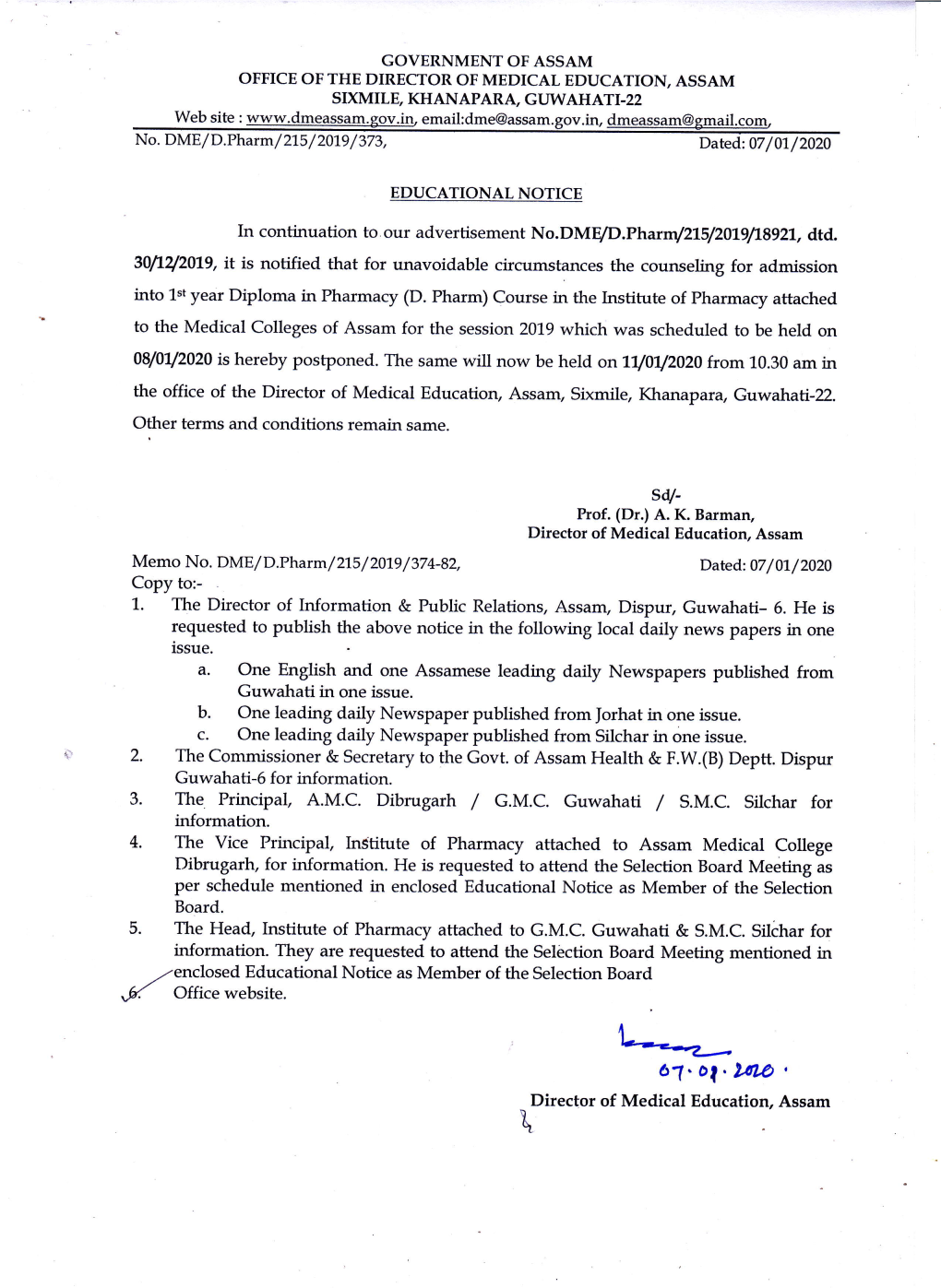 3. the Principal, A.M.C. Dibrugarh / G.M.C. Guwahati / S.M.C. Silchar for Information