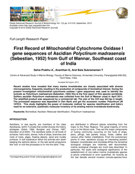 First Record of Mitochondrial Cytochrome Oxidase I Gene Sequences of Ascidian Polyclinum Madrasensis (Sebestian, 1952) from Gulf of Mannar, Southeast Coast of India