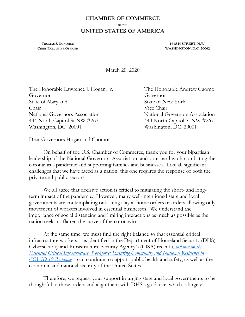 March 20, 2020 the Honorable Lawrence J. Hogan, Jr. the Honorable Andrew Cuomo Governor Governor State of Maryland State of N