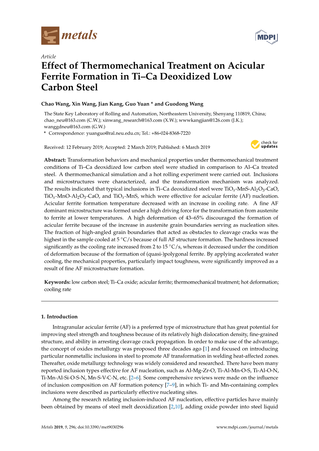 Effect of Thermomechanical Treatment on Acicular Ferrite Formation in Ti–Ca Deoxidized Low Carbon Steel