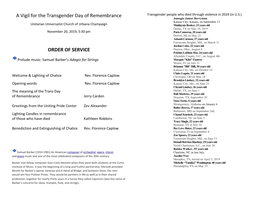 A Vigil for the Transgender Day of Remembrance ORDER of SERVICE