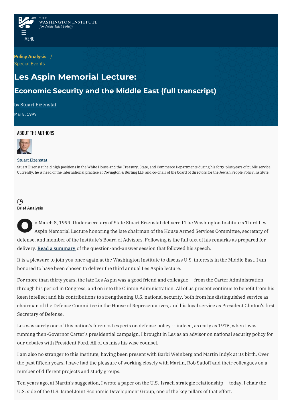 Les Aspin Memorial Lecture: Economic Security and the Middle East (Full Transcript) by Stuart Eizenstat