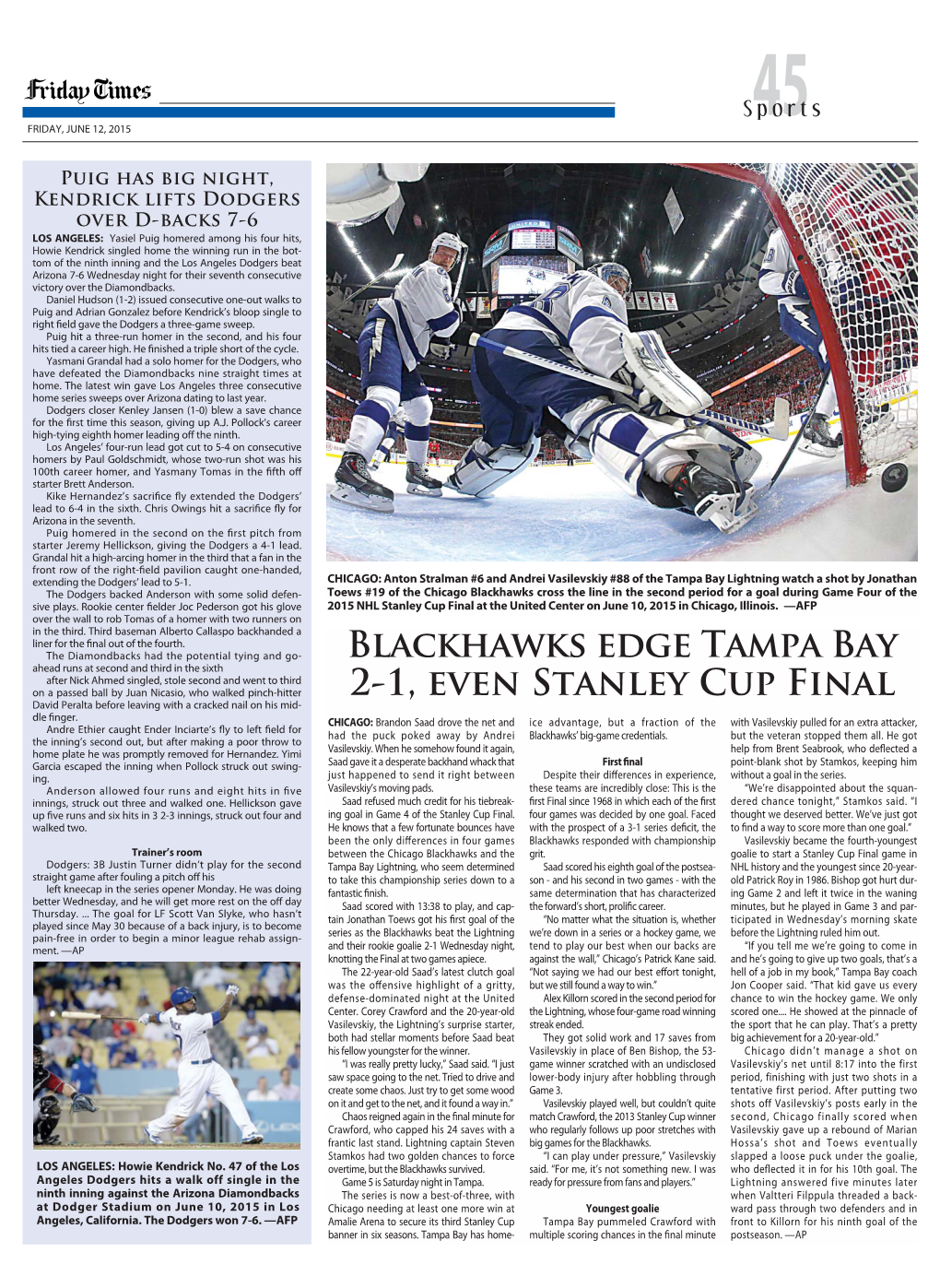 Blackhawks Edge Tampa Bay 2-1, Even Stanley Cup Final