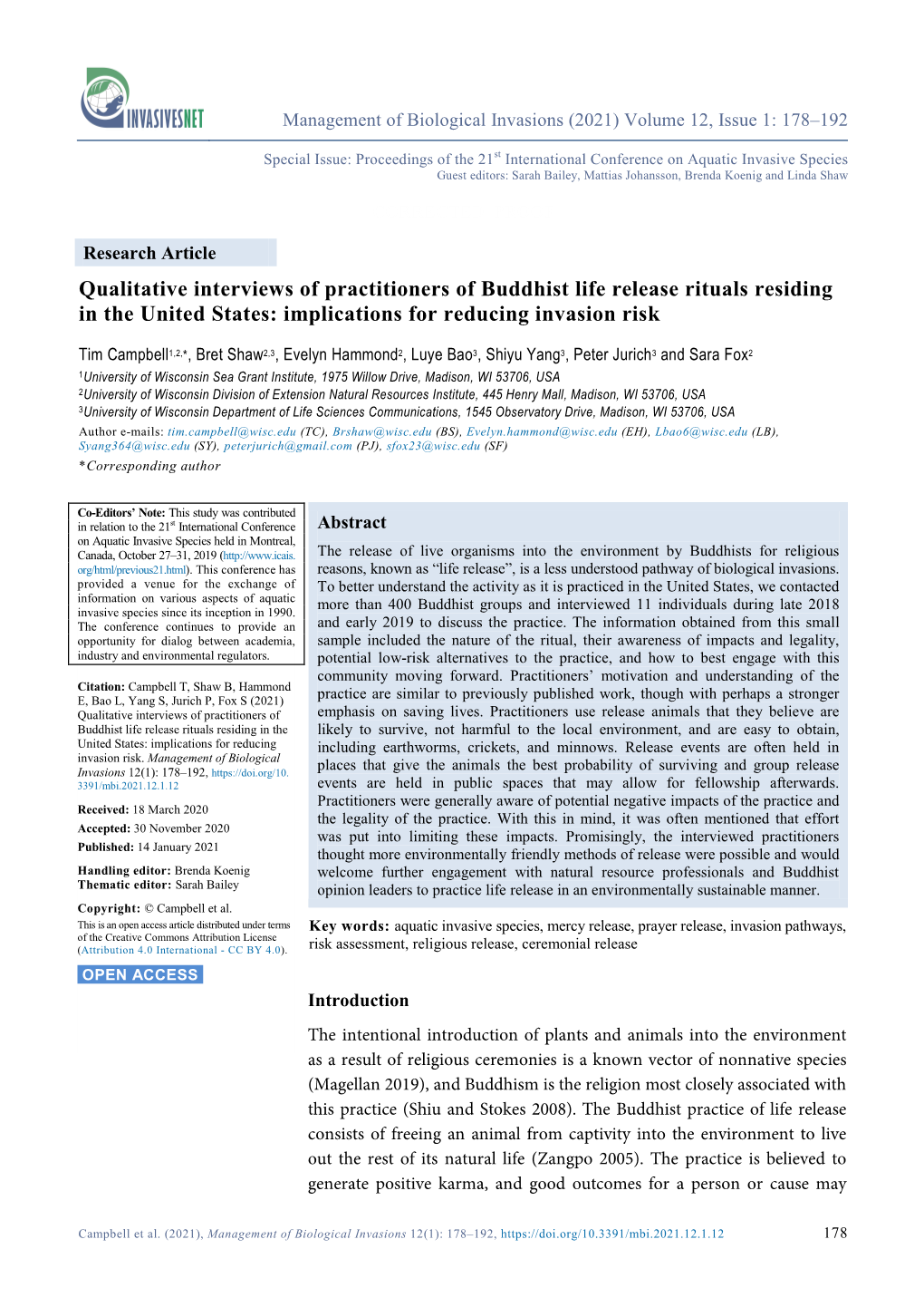 Qualitative Interviews of Practitioners of Buddhist Life Release Rituals Residing in the United States: Implications for Reducing Invasion Risk