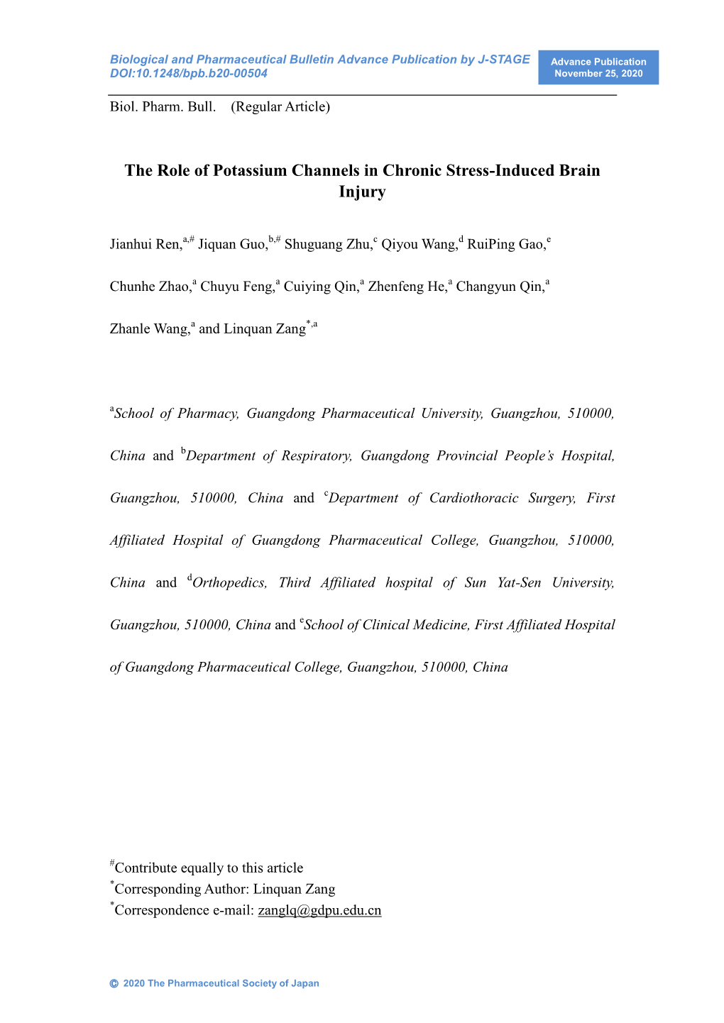 The Role of Potassium Channels in Chronic Stress-Induced Brain Injury