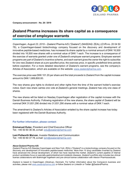 Zealand Pharma Increases Its Share Capital As a Consequence of Exercise of Employee Warrants